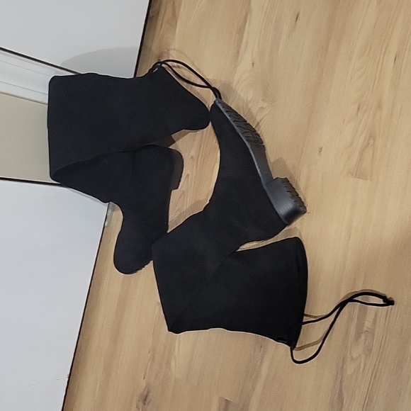 Kaitlyn Pan Paisley Slim Fit Over The Knee Flat Heel Boots Black Suede - Picture 9 of 14